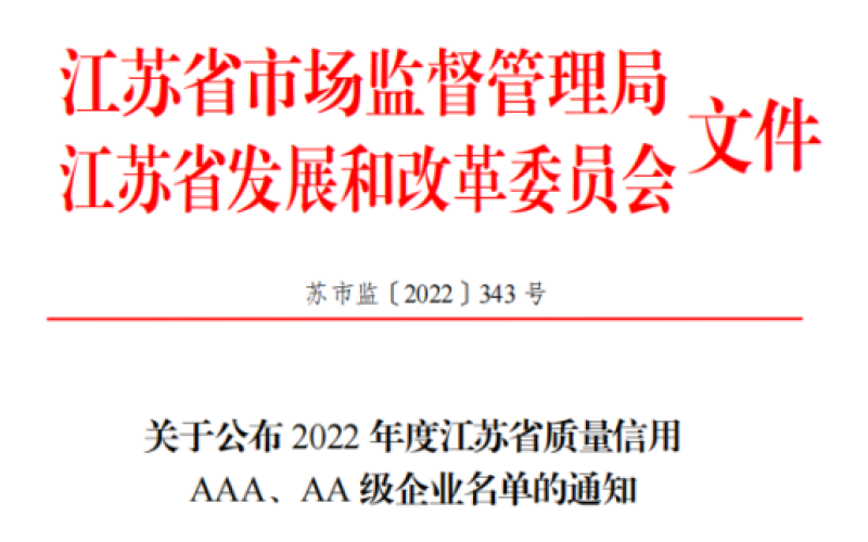【喜报】恭喜征途国际荣获2022 年度江苏省质量信用 AAA 级企业称号